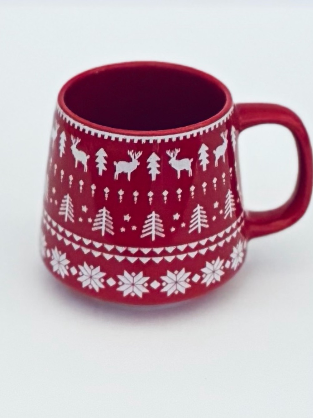 Red Ceramic Holiday Mug Embossed White  Winter Pattern Reindeer Trees Snowflake